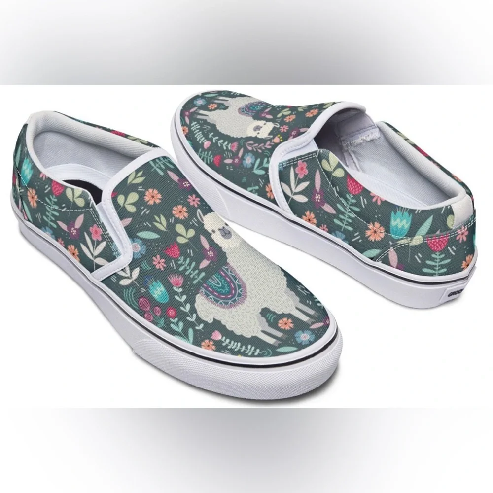 Groove Bags Floral Art Playful Llama Unisex Slip-On Sneakers